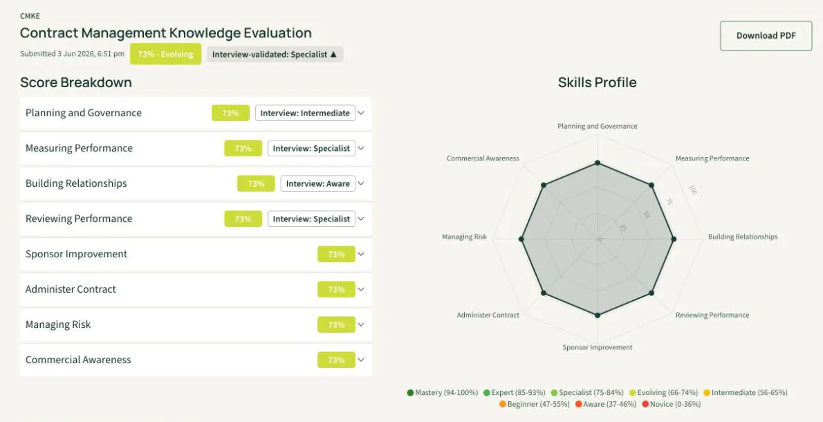 SkillsGAP Analysis individual report showing scores by capability area and a skills profile