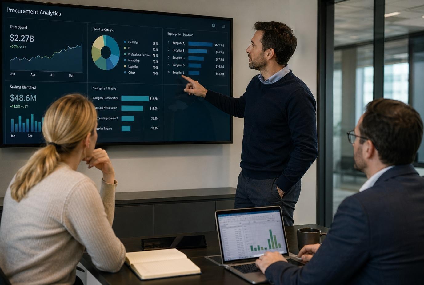 Procurement team reviewing analytics data on a dashboard in Melbourne
